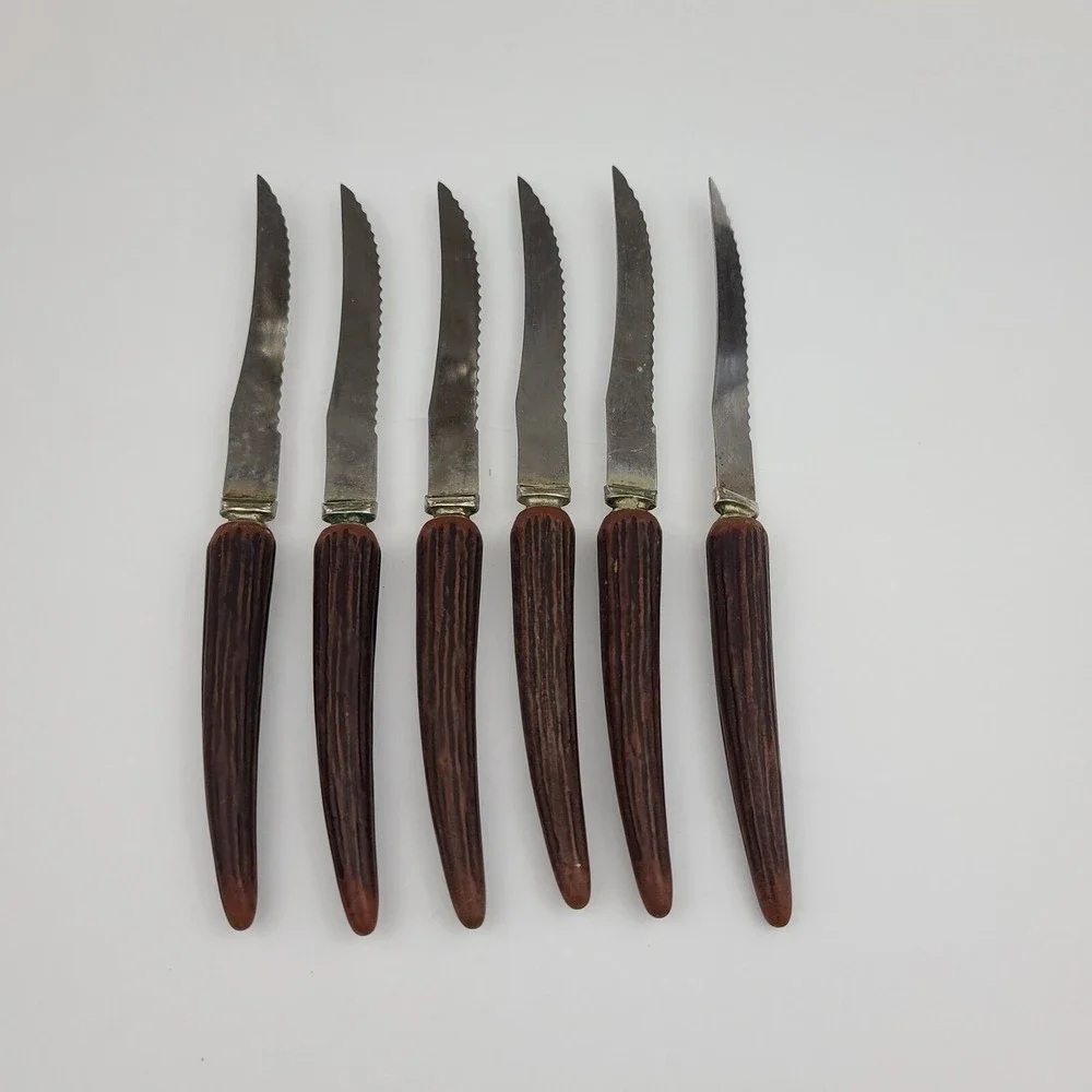 6 Vtg Regal Crest Steak Knives Sheffield England Stag Type Handles Stainless